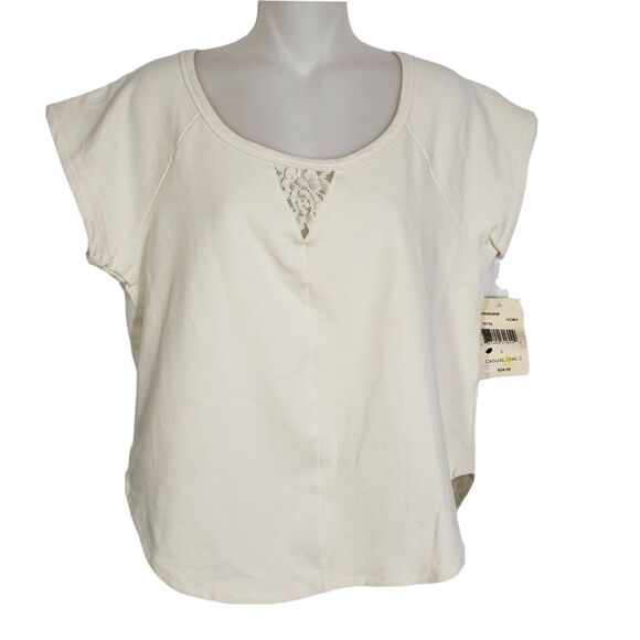 Eyeshadow Womens Top Large Ivory Lace Keyhole Stretch Short Sleeves Scoop Neck - Picture 1 of 9